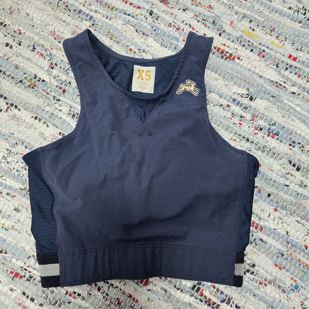 Tracksmith Navy Blue And White Fieldhouse Pinnie Crop Tank Top Mesh Sides